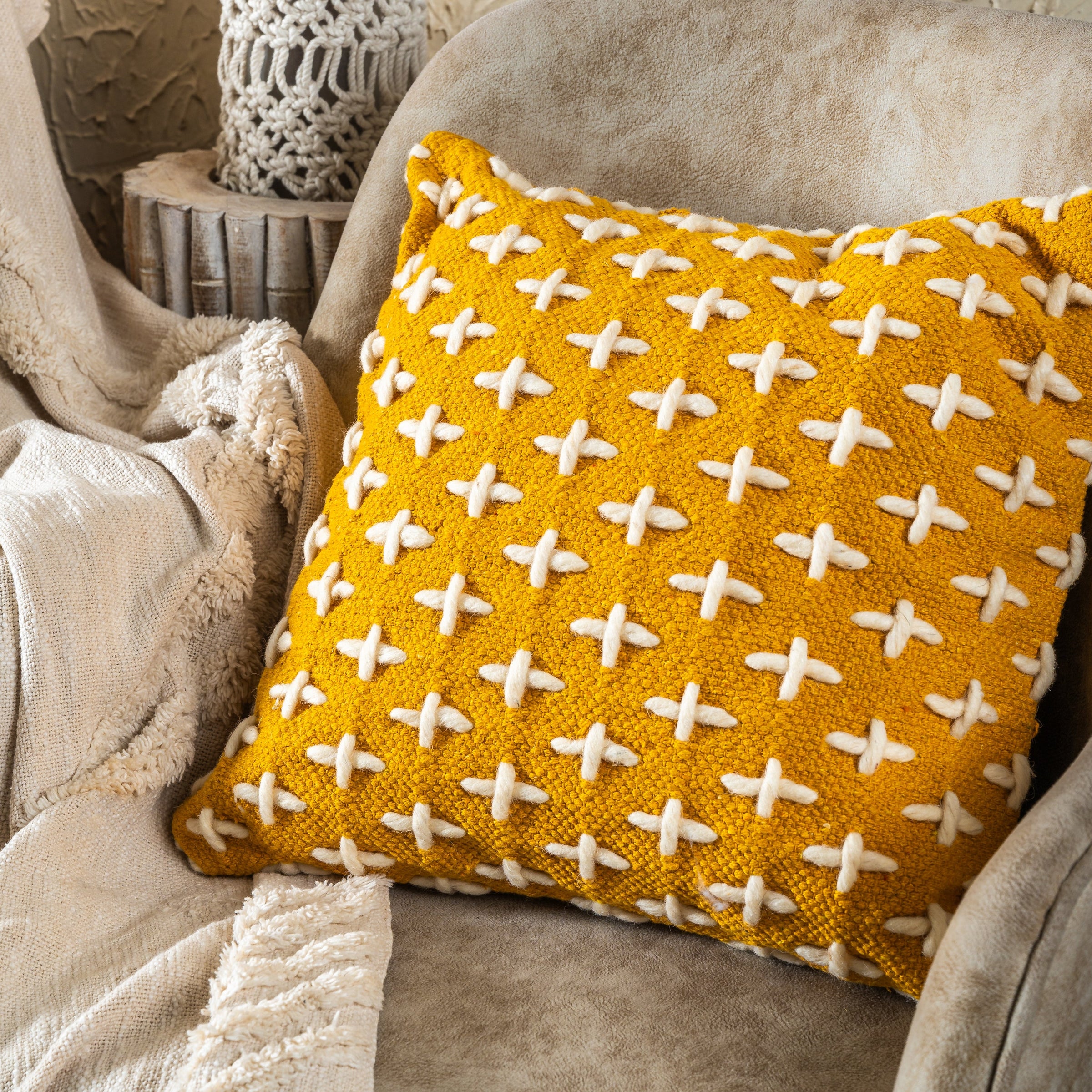 Mustard Cross Stitch Cushion Cover
